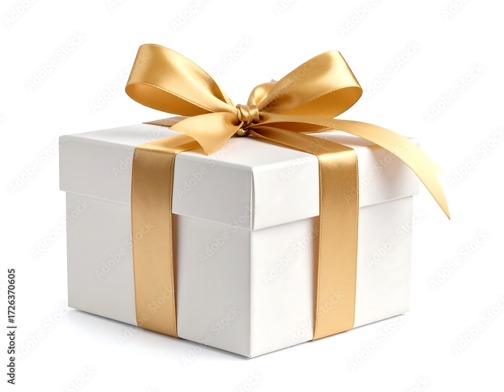 Obraz premium A pristine white gift box adorned with a luxurious gold ribbon, perfectly tied in a bow