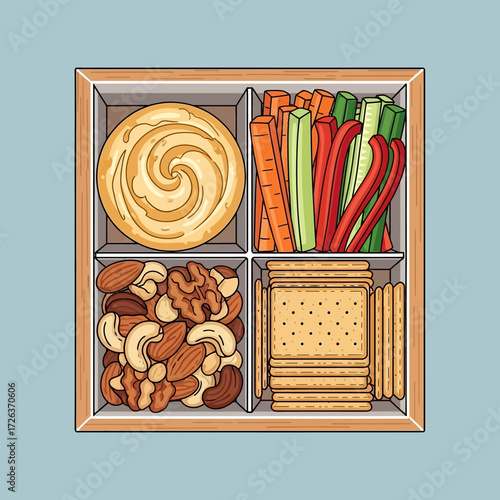 Delicious snack box featuring creamy dip, crunchy crackers, fresh veggies, and mixed nuts, perfect for healthy eating and entertaining at your next party