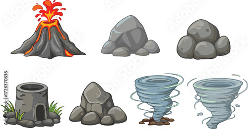 Cartoon natural disaster and geology elements vector set with volcano eruption, tornado storm, rock formation, stone cave, boulders, isolated illustration for design
