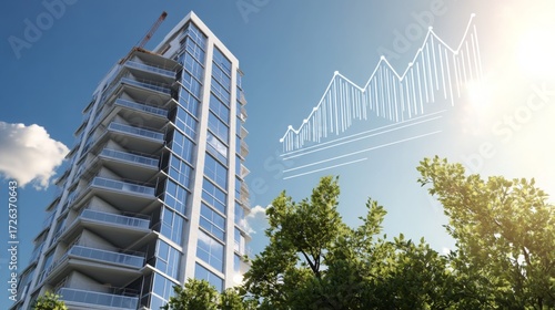 Modern high-rise building with construction elements and market growth indicators under a clear sky in urban setting