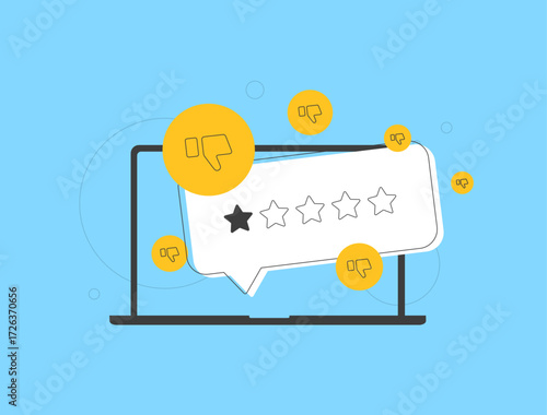 Biased reviews with negative ratings and mass criticism harming reputation, with unfair feedback, distorted scores and online manipulation influencing consumer perception, vector illustration