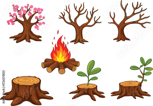 Cartoon illustration of trees, stumps, campfire, blooming spring tree, bare branches, green sprouts, nature growth stages, ecology concept, environmental conservation vector design