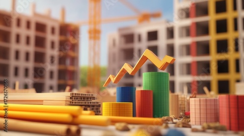 Construction site with colorful graphs showcasing growth in a developing urban area during daylight hours