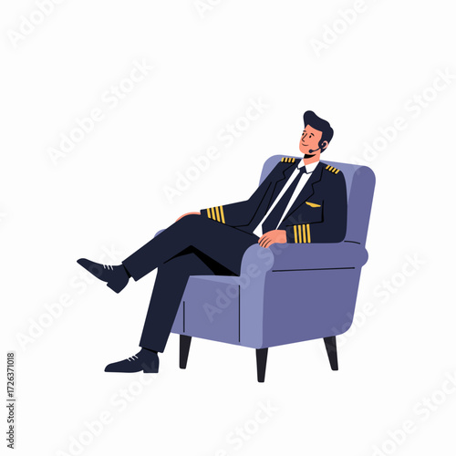 Relaxed Professional Pilot in Uniform with Headset Sitting Comfortably in an Armchair, Symbolizing Aviation Readiness or Communication.