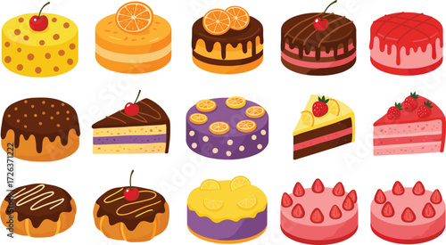 Colorful assorted cakes and desserts, chocolate cakes, fruit cakes, layered pastries, sweet bakery collection, delicious cartoon dessert icons, vector illustration design