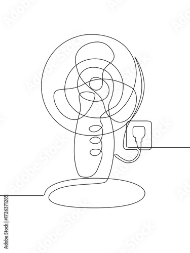 Minimalist line drawing of electric fan with circular blades vertical stand and power cord representing cooling appliance and simple modern design in a clean stylized composition