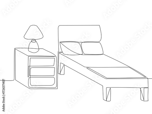 Minimalist line drawing of bedroom with single bed pillows blanket and nightstand with lamp representing comfort rest and interior design in a clean stylized modern composition