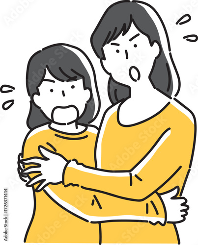 驚いていてくっつく女性2人