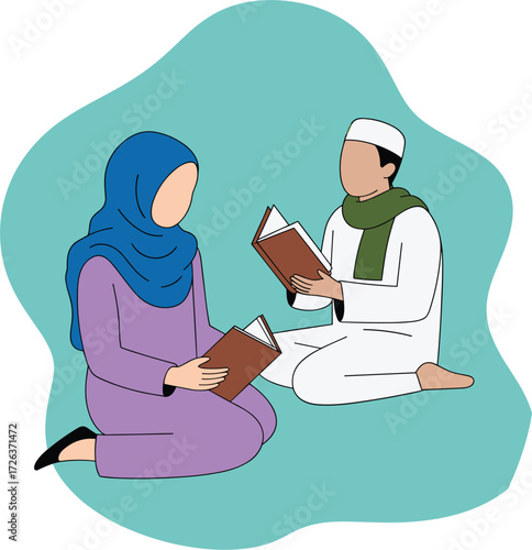 Muslim man and woman reading Quran, Islamic holy book, cultural learning, family tradition, flat vector style, religious education, modern illustration design