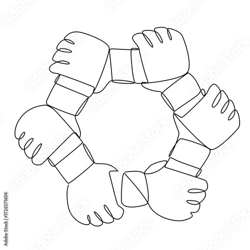 Six hands grip each other's wrists forming a closed loop in a stylized cartoon scene symbolizing teamwork unity and mutual support through continuous connection and collaboration