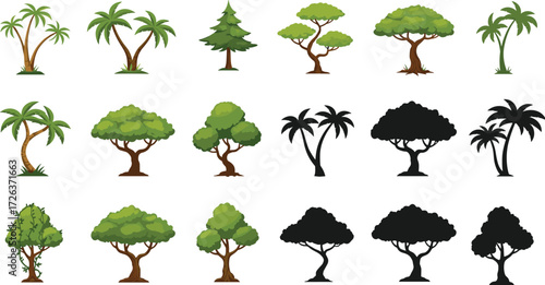 Collection of tropical palm trees, evergreen pines, leafy forest trees, black silhouettes, nature vector illustration, cartoon style design, environmental clipart set