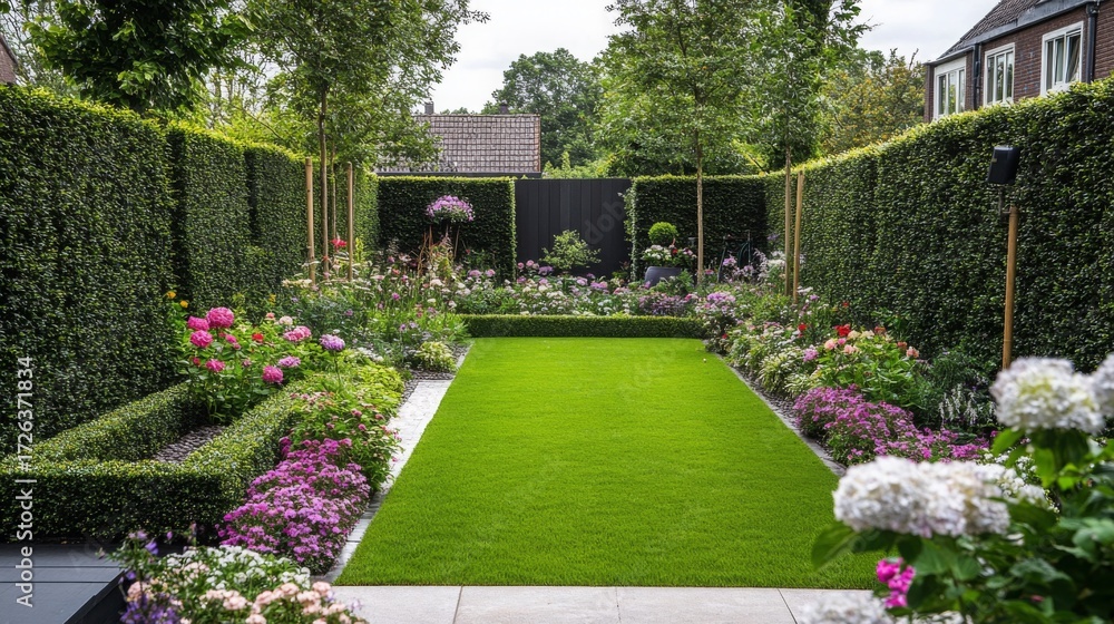 Naklejka premium Beautiful garden with vibrant flowers and manicured lawn in a residential neighborhood during summer
