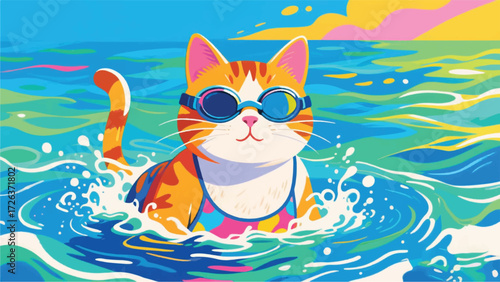 Spectacled Cat on Vacation at Sea Illustrator Artwork Banner Background Design Template 