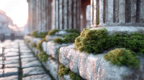 Ancient Stone Pillars Ruins with Moss in Cinematic HDR Archaeology Scene