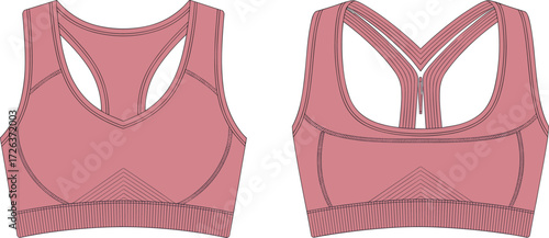 Sports bra flat sketch, seamless activewear design, workout fitness bra template, fashion technical drawing, vector illustration, gym apparel clothing design