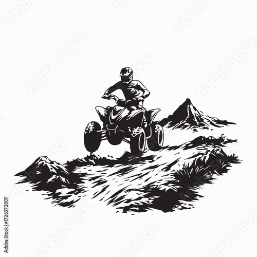 Silhouette of Quad Rider in Rough Landscape Vector on white background