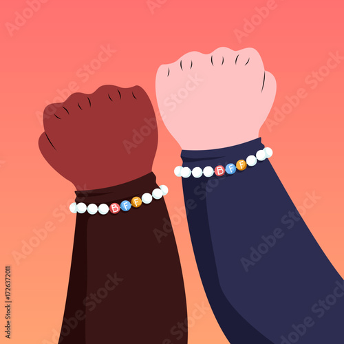 Two raised fists with matching BFF bead bracelets on warm gradient background symbolize friendship unity and support in a stylized scene celebrating connection and shared bond