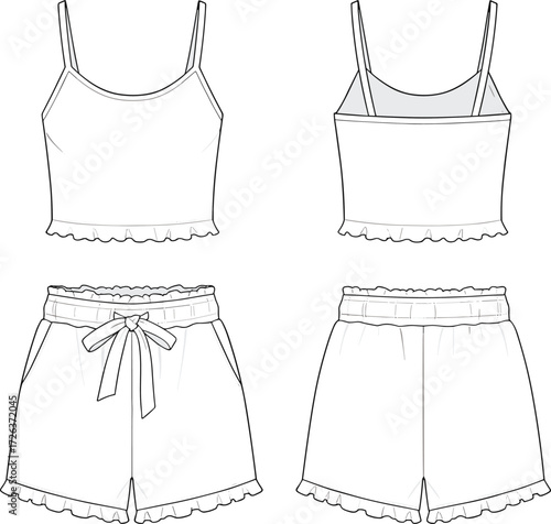 Women’s summer two piece outfit illustration, camisole crop top with ruffle hem, high waist shorts with tie belt, fashion flat sketch, apparel template