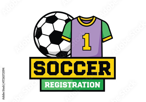 Vector illustration of soccer registration logo with ball and jersey