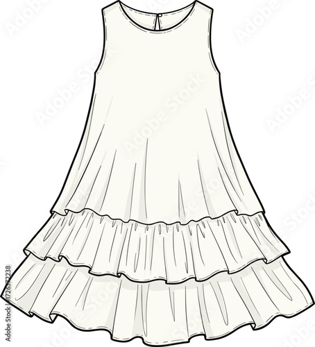 Sleeveless ruffle tiered dress illustration, fashion flat sketch, casual summer outfit, stylish flowy silhouette, technical clothing drawing, vector template design for apparel