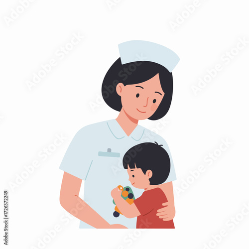 A kind nurse gently comforts a young boy holding a colorful toy, representing compassionate pediatric care and support in a healthcare setting.