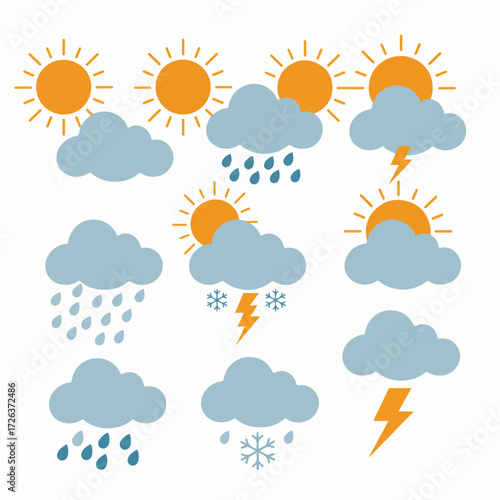 Minimalist weather icons set showing sun, clouds, rain, snow, and lightning for forecast and climate representation.