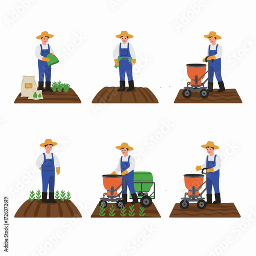 Farmer performing planting and fertilizing tasks, illustrating agricultural processes and crop care techniques.