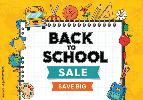 Vector illustration of back to school sale banner with colorful school supplies and text on a yellow background