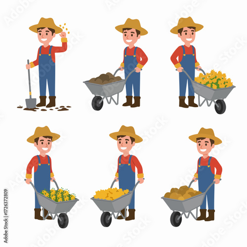 Smiling cartoon farmer performs various farm tasks including planting seeds, moving soil, and harvesting yellow flowers and root vegetables with a wheelbarrow.