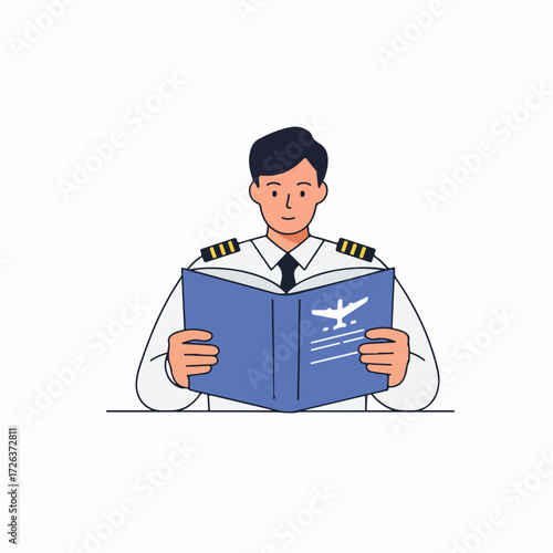 Young airline pilot reading an aviation manual, preparing for flight, illustrating professional training and career development in the aerospace industry.