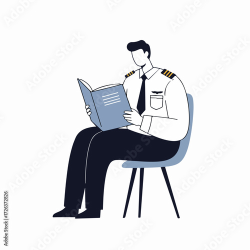 Professional pilot in uniform sits, focused on reading a book, symbolizing continuous learning and training in the aviation industry.