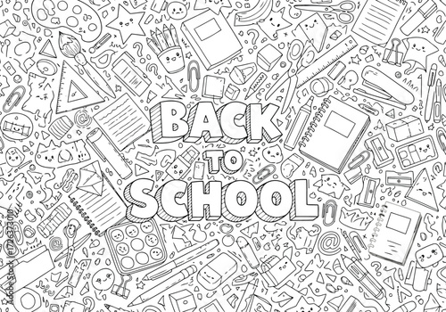Vector illustration of back to school doodle pattern with various stationery and school supplies, black and white line art
