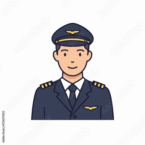 Smiling male airline pilot illustration with uniform and captain's hat, perfect for aviation, travel, and professional career concepts.