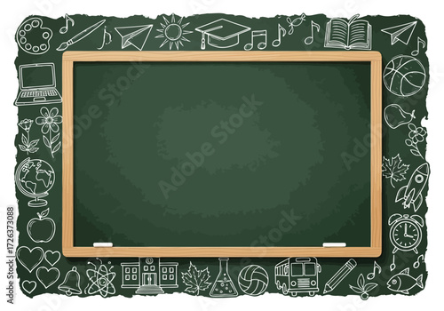Vector illustration of green chalkboard with wooden frame, surrounded by chalk drawings of school subjects and supplies