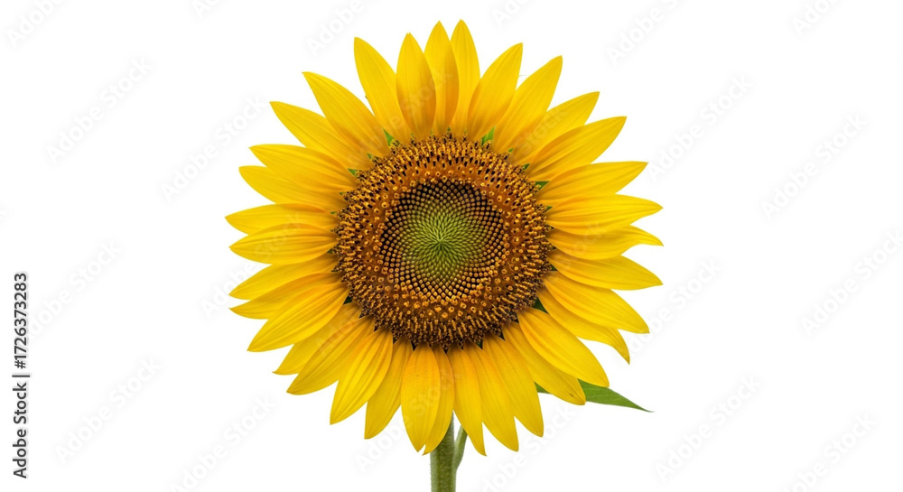 Fototapeta premium A single, radiant sunflower with golden petals and a rich brown center, standing tall and proud, capturing the essence of summer isolated on white background