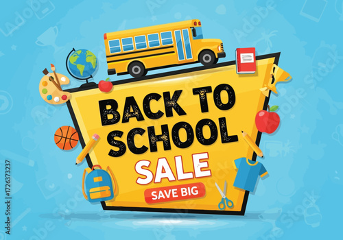 Vector illustration of back to school sale banner with yellow bus, school supplies, and sale text on a blue background