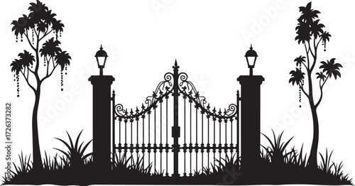 Black silhouette ornate gate lampposts trees and grass