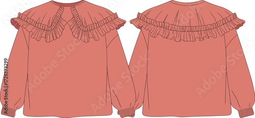 Elegant coral ruffle blouse design, stylish women fashion top, trendy long sleeve shirt, fashionable apparel illustration, modern clothing template, chic outfit inspiration