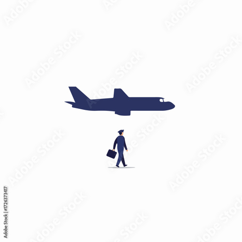 A pilot walking with a briefcase, set against the silhouette of a large airplane, symbolizing air travel, careers, and the aviation industry.