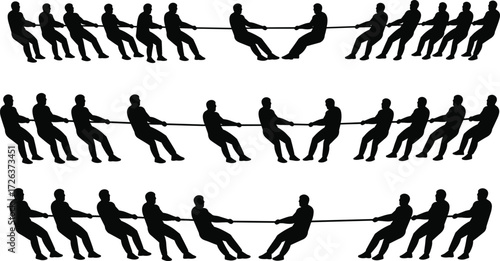 Silhouette tug of war team competition illustration, group pulling rope in teamwork challenge, vector sports game concept, strength contest outdoor activity