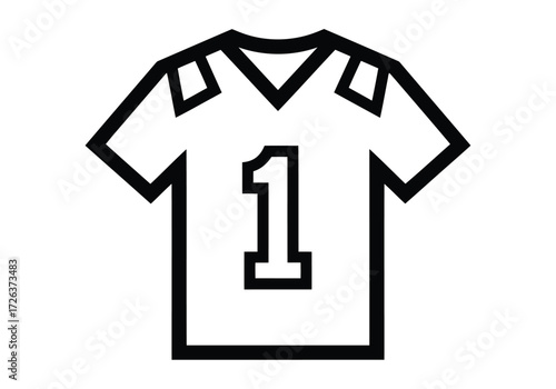 Vector illustration of simple black and white line art icon of a football jersey with the number 1 on it