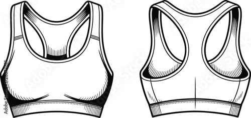Sports bra vector drawing, front and back view, activewear design, blank apparel mockup, fitness clothing template, women gym wear illustration