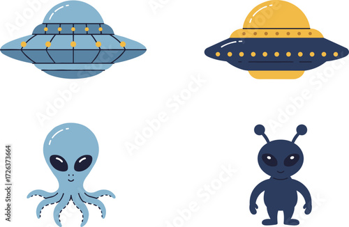 Cartoon alien characters with UFO spaceship illustration, extraterrestrial octopus alien design, cute alien vector artwork, futuristic flying saucer icons for sci-fi