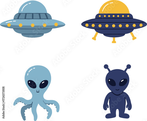 Cartoon alien characters with UFO spaceship illustration, extraterrestrial octopus alien design, sci-fi alien vector artwork, futuristic flying saucer icons for space exploration