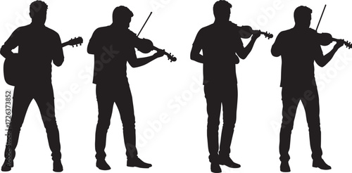 Musician silhouette illustration, guitar and violin poses, black vector art, string instrument player, musical performance design, standing figure artwork set