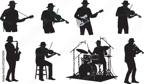 Musician silhouette illustration, violin guitar saxophone drums, live performance art, black vector design, music band concept, stage activity graphic set