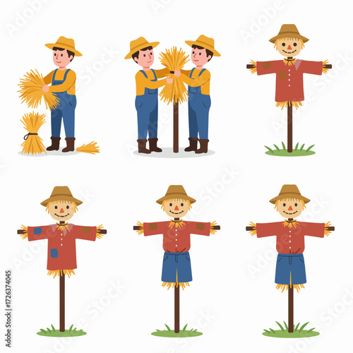 Cartoon illustration set of farmers building scarecrows from straw and various scarecrow characters standing, representing agriculture, harvest, and rural themes.