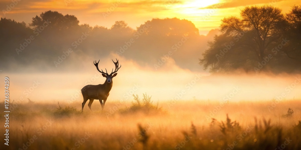 Obraz premium Majestic Stag silhouetted against a sunrise, golden mist shrouding a tranquil meadow landscape