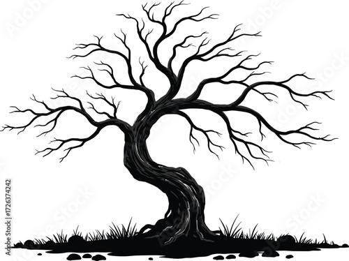 Old leafless tree illustration, twisted trunk silhouette, barren branches artwork, spooky forest tree design, nature element, seasonal dry tree vector