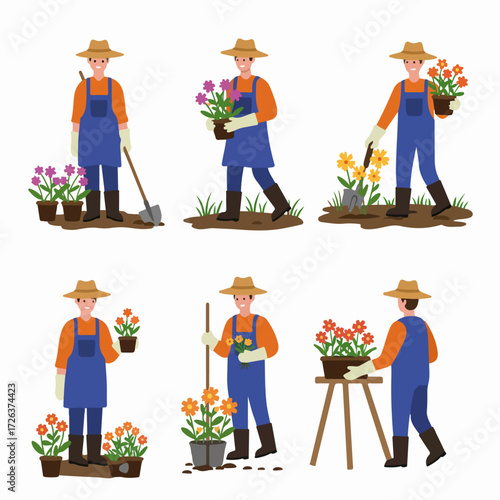 Flat illustration set of a man gardening, planting and caring for vibrant potted flowers with various tools and activities.
